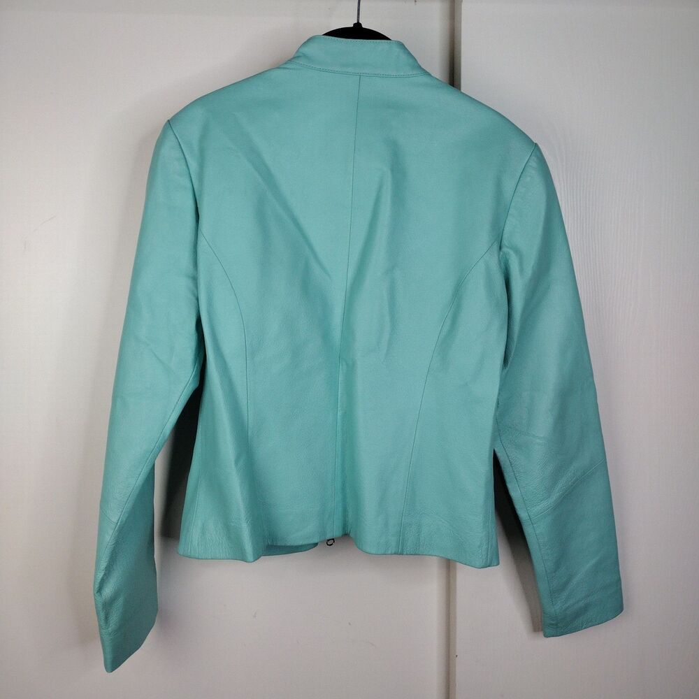 Wilsons Womens 90's VTG Leather Maxima Ruched Moto Jacket Aqua Teal Blue Size M - Picture 3 of 8
